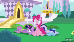 Size: 640x360 | Tagged: safe, screencap, minuette, pinkie pie, spike, twilight sparkle, alicorn, dragon, earth pony, pony, unicorn, amending fences, season 5, ^^, animated, cartoon physics, eyes closed, female, gif, gifs.com, male, mare, open mouth, open smile, pinkie being pinkie, pinkie physics, pinkiecopter, ponk, smiling, tail, tailcopter, twilight sparkle (alicorn)