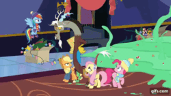 Size: 640x360 | Tagged: safe, screencap, applejack, discord, fluttershy, pinkie pie, rainbow dash, draconequus, earth pony, pegasus, pony, g4, my little pony best gift ever, animated, applejack's hat, arrow, box, candy, christmas, christmas lights, clothes, cowboy hat, eyebrows, female, flying, food, gif, gifs.com, hat, holiday, jelly, male, mare, open mouth, out of context, pointing, pudding, pun, scarf, spread wings, twilight's castle, visual pun, wings, winter outfit