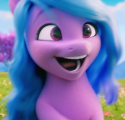 Size: 839x804 | Tagged: safe, screencap, izzy moonbow, pony, unicorn, g5, my little pony: a new generation, spoiler:my little pony: a new generation, bust, cropped, cute, derp, faic, female, happy, izzybetes, mare, open mouth, reaction image, smiling, solo