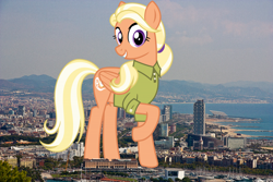 Size: 2200x1467 | Tagged: safe, artist:cheezedoodle96, artist:thegiantponyfan, edit, mane allgood, pegasus, pony, g4, barcelona, female, giant pegasus, giant pony, giantess, highrise ponies, irl, looking at you, macro, mare, mega giant, photo, ponies in real life, raised hoof, smiling, spain