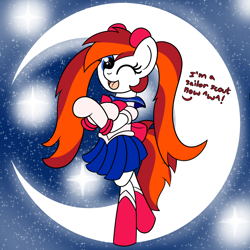 Size: 2000x2000 | Tagged: safe, artist:dafiltafish, oc, oc only, oc:silverfoot, pony, bipedal, bow, crossover, high res, joke art, moon, pigtails, pose, sailor moon (series), sailor senshi, solo, text, twintails