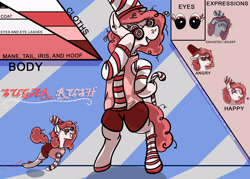 Size: 2100x1500 | Tagged: safe, artist:hemlock conium, oc, oc only, oc:sugar rush, earth pony, pony, candy, candy cane, clothed ponies, clothes, earth pony oc, female, food, mare, reference sheet, socks, solo, striped socks