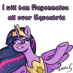 Size: 2385x2385 | Tagged: safe, artist:memprices, twilight sparkle, alicorn, pony, comic:metamorphosis, g4, g5, my little pony: a new generation, the last problem, crown, dreamworks face, food, high res, jewelry, mayonnaise, meme, older, older twilight, older twilight sparkle (alicorn), peytral, princess twilight 2.0, pure unfiltered evil, regalia, sauce, simple background, twilight sparkle (alicorn), white background
