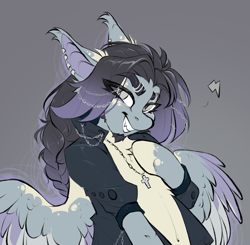 Size: 2826x2766 | Tagged: safe, artist:rico_chan, oc, oc only, oc:adam paine, bat pony, pegasus, semi-anthro, arm hooves, clothes, cross, cross necklace, fangs, high res, jewelry, necklace, piercing, shirt, sketch, smiling, solo