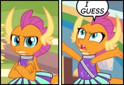 Size: 671x462 | Tagged: safe, edit, edited screencap, screencap, smolder, dragon, 2 4 6 greaaat, g4, cheerleader, cheerleader outfit, cheerleader smolder, clothes, crossed arms, dragoness, female, frown, gunshow, i guess, meme, ponified meme, reaction image, solo, speech bubble
