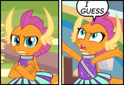 Size: 671x462 | Tagged: safe, edit, edited screencap, screencap, smolder, dragon, 2 4 6 greaaat, g4, my little pony: friendship is magic, cheerleader, cheerleader outfit, cheerleader smolder, clothes, crossed arms, dragoness, female, frown, gunshow, i guess, meme, ponified meme, reaction image, solo, speech bubble