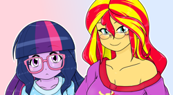 Size: 1382x765 | Tagged: safe, artist:batipin, sunset shimmer, twilight sparkle, equestria girls, g4, breasts, busty sunset shimmer, clothes, duo, duo female, female, glasses, off shoulder