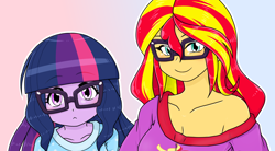 Size: 1382x765 | Tagged: safe, alternate version, artist:batipin, sunset shimmer, twilight sparkle, equestria girls, g4, breasts, busty sunset shimmer, clothes, duo, duo female, female, glasses, off shoulder