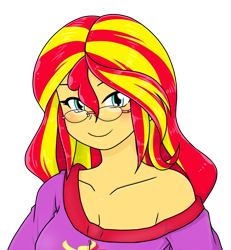 Size: 813x879 | Tagged: safe, alternate version, artist:batipin, part of a set, sunset shimmer, equestria girls, g4, breasts, cleavage, female, glasses, simple background, solo, transparent background