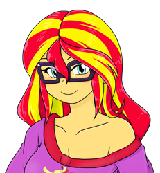 Size: 813x879 | Tagged: safe, alternate version, artist:batipin, part of a set, sunset shimmer, human, equestria girls, g4, breasts, cleavage, clothes, female, glasses, horn-rimmed glasses, looking at you, off shoulder, simple background, solo, transparent background