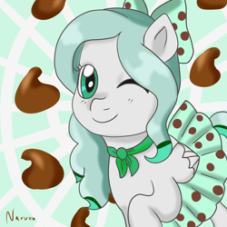 Size: 2000x2000 | Tagged: safe, artist:wrath-marionphauna, oc, oc only, pegasus, pony, chocolate, clothes, digital art, food, high res, one eye closed, skirt, smiling, solo, wink