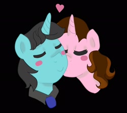 Size: 2048x1826 | Tagged: safe, artist:wrath-marionphauna, oc, oc only, oc:color breezie, oc:mysterious science, pony, unicorn, blushing, bust, cheek kiss, digital art, duo, eyes closed, heart, kissing, necktie, shipping