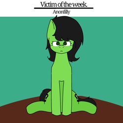 Size: 1280x1280 | Tagged: safe, artist:v1rn0, oc, oc only, oc:filly anon, earth pony, pony, black hair, black mane, digital art, earth pony oc, female, filly, foal, green eyes, green pony, hooves, looking at you, neutral, photo, pony enjoyment project, question mark, simple background, sitting, solo, stare, text