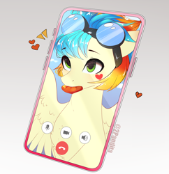 Size: 2032x2100 | Tagged: safe, artist:2pandita, oc, pegasus, pony, cellphone, female, goggles, high res, mare, mouth hold, phone, smartphone, solo