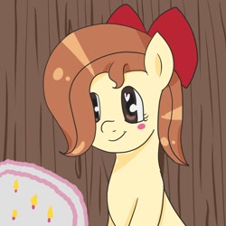 Size: 1000x1000 | Tagged: safe, artist:wrath-marionphauna, oc, oc only, oc:flani bainilye, pony, birthday cake, blushing, bow, cake, food, hair bow, heart eyes, solo, wingding eyes