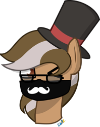 Size: 877x1108 | Tagged: oc name needed, safe, artist:samsailz, oc, oc only, pegasus, pony, bust, commission, cute, facial hair, glasses, hat, looking at you, male, mask, moustache, one eye closed, pegasus oc, portrait, professor layton, signature, simple background, solo, stallion, top hat, transparent background, two toned mane, wink, ych result