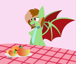 Size: 3815x3208 | Tagged: safe, artist:samsailz, oc, oc only, oc:darec, bat pony, bat pony oc, bat wings, fangs, food, happy, heart eyes, herbivore, high res, mango, necktie, solo, spread wings, wingding eyes, wings