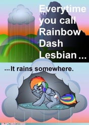 Size: 849x1200 | Tagged: safe, artist:skunkiss, edit, rainbow dash, pegasus, pony, g4, cloud, cry some more, crying, deal with it, female, lesbian, meme, meme origin, my little brony, op is a duck, op is trying to start shit, rain, raincloud, sad, solo