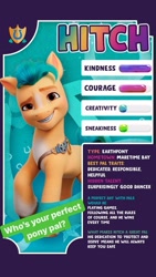 Size: 640x1138 | Tagged: safe, hitch trailblazer, earth pony, pony, g5, my little pony: a new generation, official, cutie mark, grin, instagram, instagram story, male, smiling, solo, stallion, stats