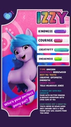 Size: 640x1138 | Tagged: safe, izzy moonbow, pony, unicorn, g5, my little pony: a new generation, official, cutie mark, female, instagram, instagram story, mare, medium sneaky, open mouth, open smile, smiling, solo, stats