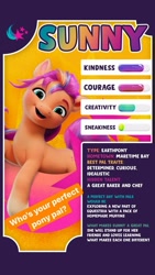 Size: 640x1138 | Tagged: safe, sunny starscout, earth pony, pony, g5, my little pony: a new generation, official, cutie mark, female, instagram, instagram story, mane stripe sunny, mare, open mouth, open smile, smiling, solo, stats