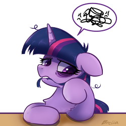 Size: 1000x1000 | Tagged: safe, artist:brella, twilight sparkle, pony, g4, bags under eyes, female, floppy ears, horn, mane bite, mare, messy mane, signature, simple background, solo, speech bubble, tired, transparent background