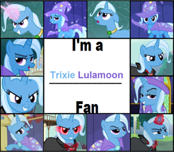 Size: 1194x1044 | Tagged: safe, artist:thegreatguy2000, trixie, pony, unicorn, g4, cape, clothes, ears back, female, glowing, glowing horn, grin, hat, horn, lidded eyes, mare, meme, open mouth, open smile, smiling, text, trixie's cape, trixie's hat
