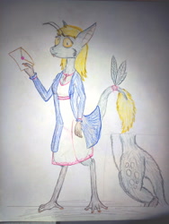 Size: 3072x4096 | Tagged: safe, artist:mildgyth, derpy hooves, yinglet, g4, clothes, feather, februpony, female, letter, solo, species swap, traditional art