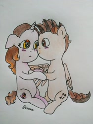 Size: 1536x2048 | Tagged: safe, artist:wrath-marionphauna, oc, oc only, oc:algo-rythm, oc:color breezie, pegasus, pony, unicorn, blushing, colored pencil drawing, duo, horn, hug, looking at each other, looking at someone, male, pegasus oc, stallion, traditional art, unicorn oc, winghug, wings