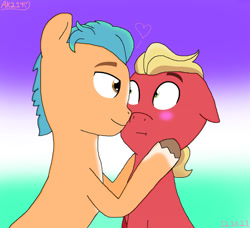 Size: 1280x1165 | Tagged: safe, artist:amykat214, hitch trailblazer, sprout cloverleaf, earth pony, pony, g5, my little pony: a new generation, about to kiss, blushing, date, duo, duo male, gay, hooves on cheeks, looking at each other, looking at someone, male, maledom, malesub, ponydom, ponysub, ship:clovertrail, shipping, signature, simple background, stallion, stallion on stallion, submissive