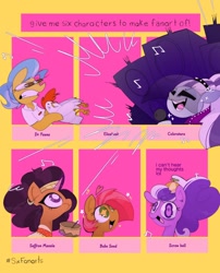 Size: 1200x1488 | Tagged: safe, artist:opossum-stuff, babs seed, coloratura, doctor fauna, elizabeak, saffron masala, screwball, bird, chicken, earth pony, pony, unicorn, g4, adorababs, bowl, countess coloratura, crazy eyes, cringing, cute, ear piercing, earring, eating, excited, freckles, hat, jewelry, loud, microphone, piercing, propeller hat, singing, six fanarts, speaker, starry eyes, wingding eyes