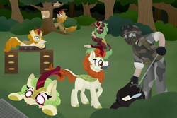 Size: 3000x2000 | Tagged: safe, artist:mcshelster, autumn afternoon, autumn blaze, cinder glow, fern flare, spring glow, summer flare, human, kirin, fanfic:questionable ethics, g4, adrian shephard, briefcase, cellphone, forest, gas mask, h.e.c.u., half-life, half-life: opposing force, high res, mask, outdoors, phone, table, trash bag
