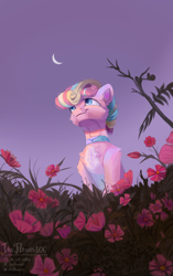 Size: 1350x2146 | Tagged: safe, artist:teaflower300, oc, oc only, pony, chest fluff, commission, crescent moon, flower, moon, sitting, smiling, solo