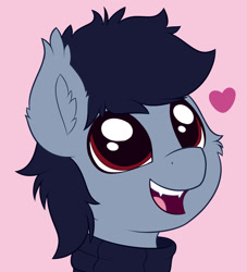 Size: 1600x1760 | Tagged: safe, artist:sperokea, oc, oc only, oc:quiet midnight, bat pony, pony, bat pony oc, bust, cheek fluff, clothes, cute, cute little fangs, dilated pupils, ear fluff, ear tufts, fangs, heart, looking up, male, open mouth, open smile, pink background, portrait, red eyes, simple background, smiling, solo, stallion, sweater