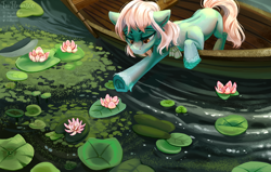 Size: 2840x1801 | Tagged: safe, artist:teaflower300, oc, oc only, earth pony, pony, boat, flower, lilypad, solo, water