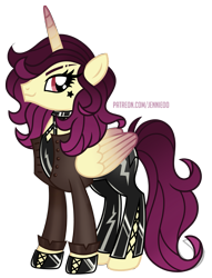 Size: 915x1200 | Tagged: safe, artist:jennieoo, oc, oc only, oc:kennedy fletcher, alicorn, pony, alicorn oc, clothes, colored wings, female, folded wings, full body, gradient wings, horn, jacket, latex, latex boots, latex suit, leather jacket, show accurate, simple background, solo, standing, stars, transparent background, vector, wings