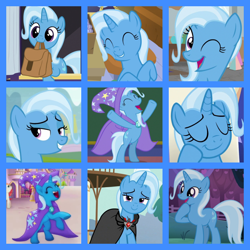 Size: 800x800 | Tagged: safe, edit, editor:twilyisbestpone, screencap, trixie, pony, unicorn, all bottled up, g4, magic duel, my little pony: the movie, road to friendship, season 3, season 7, season 8, alicorn amulet, bipedal, cape, clothes, collage, compilation, cute, diatrixes, evil trixie, faic, female, hat, mare, one eye closed, trixie's cape, trixie's hat, wink