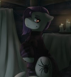 Size: 4666x5000 | Tagged: safe, artist:aquoquoo, funnel web, earth pony, pony, spider, g4, candle, clothes, frown, jacket, male, raised hoof, sitting, solo, stallion