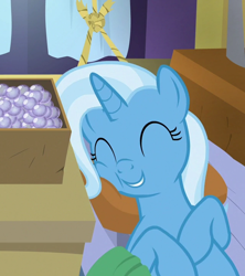 Size: 640x720 | Tagged: safe, screencap, trixie, pony, unicorn, g4, road to friendship, season 8, bed, cheek squish, cropped, cute, diatrixes, eyes closed, female, lying down, mare, smiling, solo, squishy cheeks