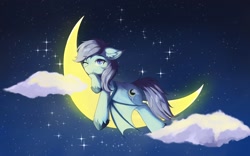 Size: 1920x1200 | Tagged: safe, artist:lunar froxy, oc, oc only, oc:nightlight charm, bat pony, pony, cloud, crescent moon, looking at you, lying down, moon, one eye closed, smiling, solo, sparkles, tangible heavenly object, wink