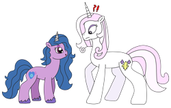 Size: 3119x1978 | Tagged: safe, artist:supahdonarudo, fleur-de-lis, izzy moonbow, pony, unicorn, series:fleurbuary, g4, g5, my little pony: a new generation, curious, exclamation point, looking at each other, looking at someone, question mark, simple background, surprised, transparent background