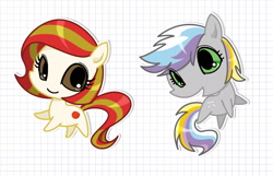 Size: 2000x1287 | Tagged: safe, alternate version, artist:sechst_himmel, oc, oc only, oc:poniko, oc:rokuchan, earth pony, pony, 2014, chibi, duo, female, looking at you, mare