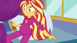 Size: 1920x1080 | Tagged: safe, edit, edited screencap, screencap, sunset shimmer, equestria girls, g4, belly, breasts, busty sunset shimmer, clothes, pajamas, pregnant, pregnant edit, pregnant equestria girls, solo, sunset preggers