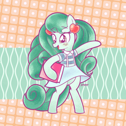 Size: 4500x4500 | Tagged: safe, artist:theratedrshimmer, kuru kuru, wallflower blush, earth pony, pony, g1, g4, apple, bipedal, clothes, cute, dress, earth pony wallflower blush, equestria girls ponified, flowerbetes, food, fusion, g1 to g4, generation leap, green hair, notebook, ponified, solo, takara pony, takara to g4