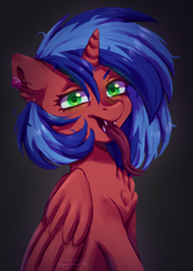 Size: 958x1346 | Tagged: safe, artist:zowzowo, oc, oc only, oc:flameburst, alicorn, pony, chest fluff, commission, ear piercing, earring, forked tongue, jewelry, long tongue, piercing, solo, tongue out