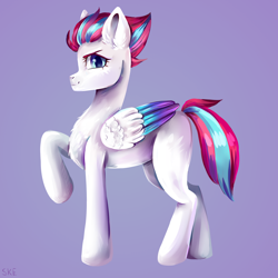 Size: 2600x2600 | Tagged: safe, artist:ske, zipp storm, pegasus, pony, g5, my little pony: a new generation, chest fluff, colored wings, ear fluff, female, folded wings, full body, high res, hooves, mare, purple background, raised hoof, side view, signature, simple background, smiling, smirk, solo, standing, wings