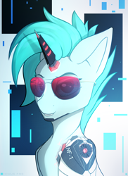 Size: 1240x1700 | Tagged: safe, artist:xeniusfms, oc, oc only, pony, unicorn, augmented, bust, grin, looking at you, male, portrait, smiling, solo, stallion, sunglasses