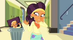 Size: 1874x1024 | Tagged: artist needed, safe, saffron masala, equestria girls, g4, afro, disgusted, equestria girls-ified, meme, trash can