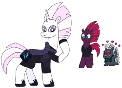 Size: 2805x2041 | Tagged: safe, artist:supahdonarudo, fleur-de-lis, grubber, tempest shadow, hedgehog, pony, unicorn, series:fleurbuary, g4, my little pony: the movie, ..., alternate hairstyle, armor, clothes swap, female, heart, heart eyes, high res, male, mane swap, mare, raised hoof, redraw, shocked, simple background, smiling, transparent background, trio, wingding eyes