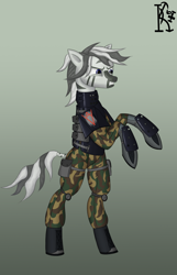 Size: 1740x2700 | Tagged: safe, alternate version, artist:kirov, oc, oc only, zebra, angry, armor, bipedal, blue eyes, clothes, eyebrows, female, gradient background, gritted teeth, military uniform, solo, standing, standing on two hooves, stripes, uniform, wolfenstein